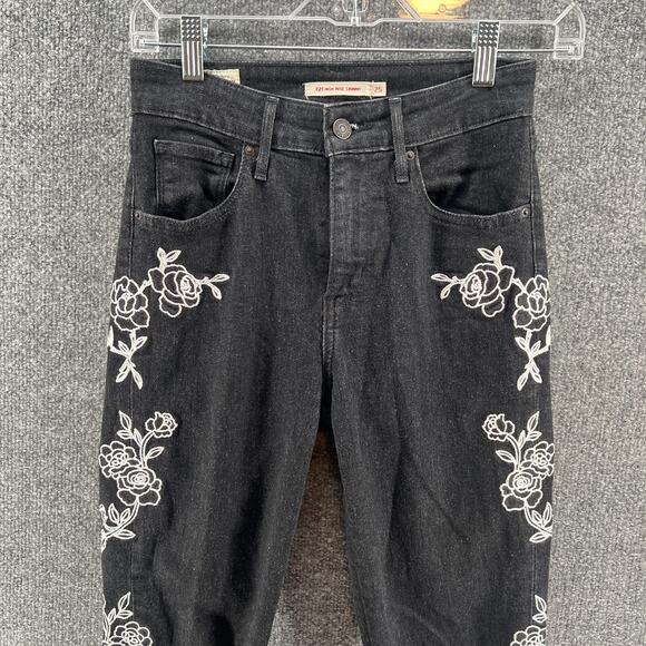 Levis Jeans Womens 25 Black Denim Frayed Hem High Rise Skinny Floral‎ Bohemian - Picture 3 of 15